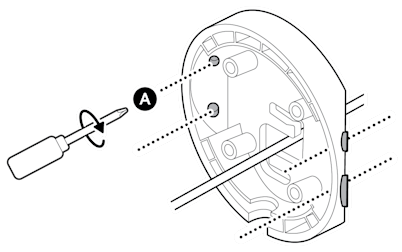 An illustration of the corner mounting plate being installed on a wall, using the included screws labeled A.