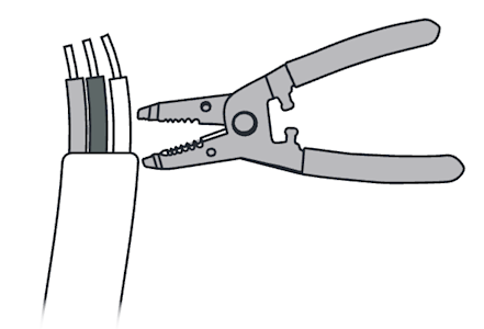 Illustration showing to strip 3 inches of the outer jacket from the remaining 6 inches of cable then strip 1/2 inch or insulation from each inner wire. 