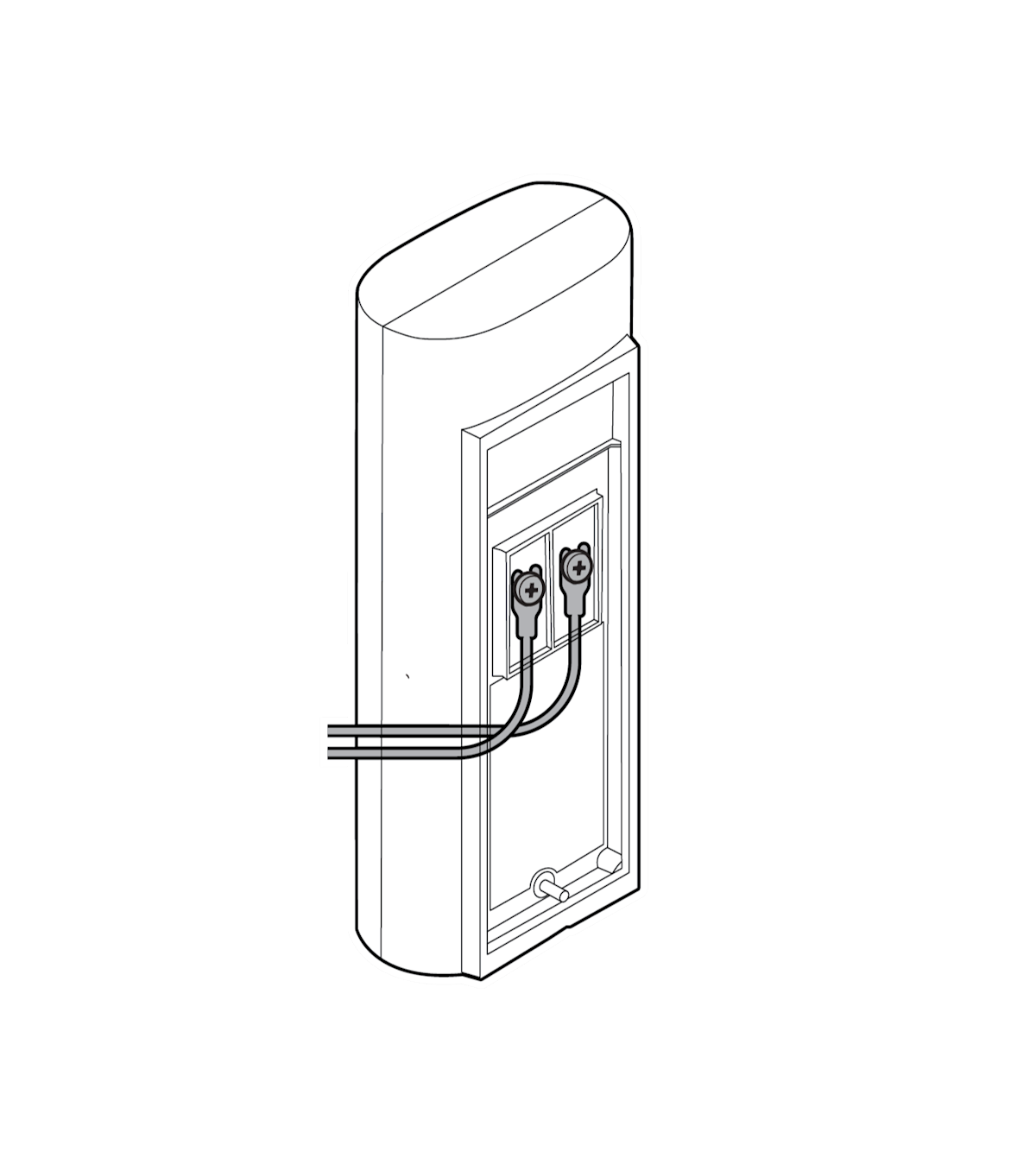 The back of a doorbell showing the power cable attached to the doorbell's wire terminals.