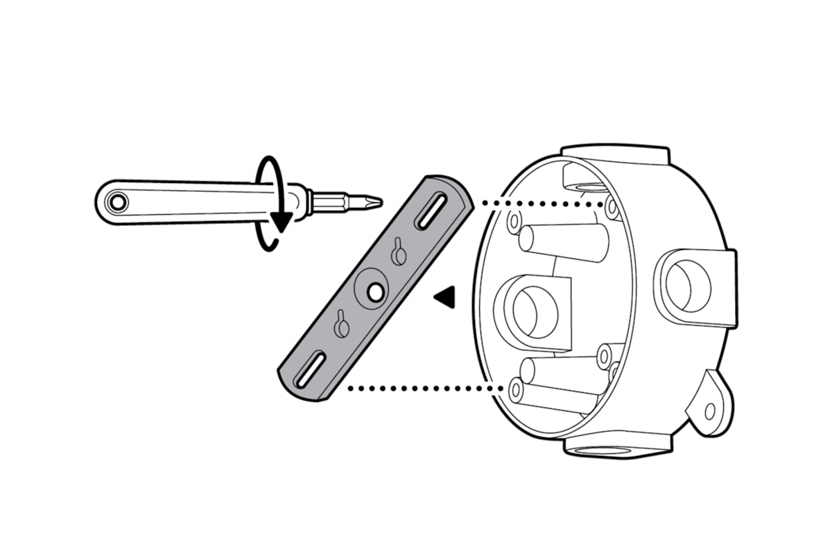 Illustration to show how to remove your existing floodlight from the junction box, including any existing metal bracket, using a screwdriver, and disconnecting the wires.