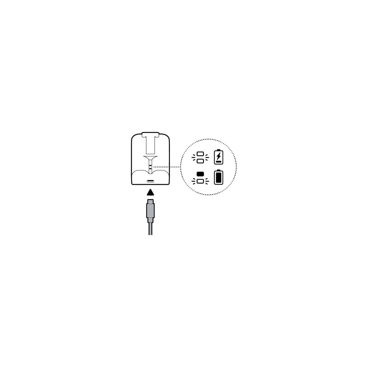 Illustration showing the battery pack and charging cable plugged in with an inset of the battery indicator lights.