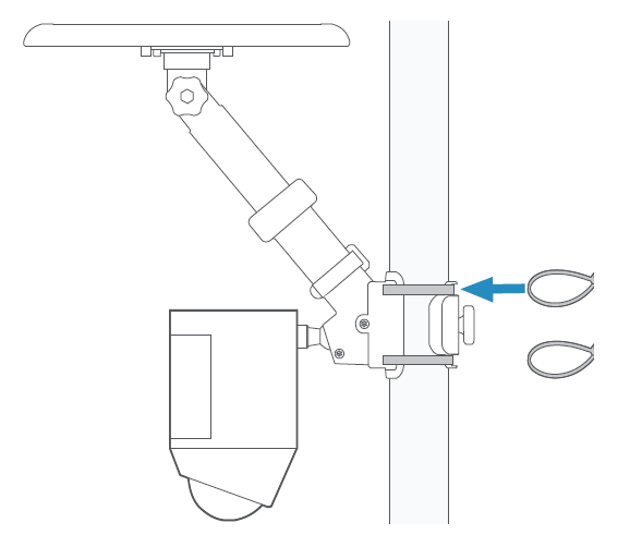 A camera and a pole mount with a blue arrow pointing to where to place the security ties to secure the mount. 